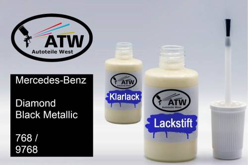 Mercedes-Benz, Diamond Black Metallic, 768 / 9768: 20ml Lackstift + 20ml Klarlack - Set, von ATW Autoteile West.